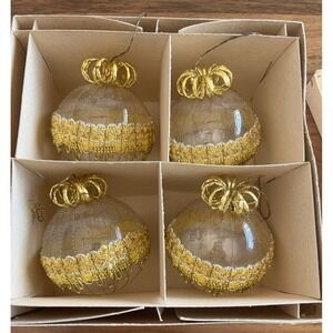 Set of 4 Vintage Clear & Gold Trim Christmas Ornament Set Made in West Germany